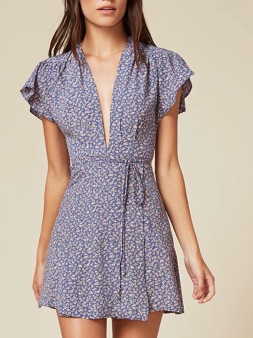 Reformation Samba Poplar Periwinkle Blue Floral Flutter Sleeve Wrap Mini Dress